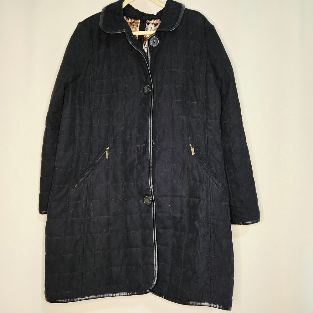 Pamela McCoy Black Quilted Coat Gorg Leopard Print Lining Leather Trimmed Size L